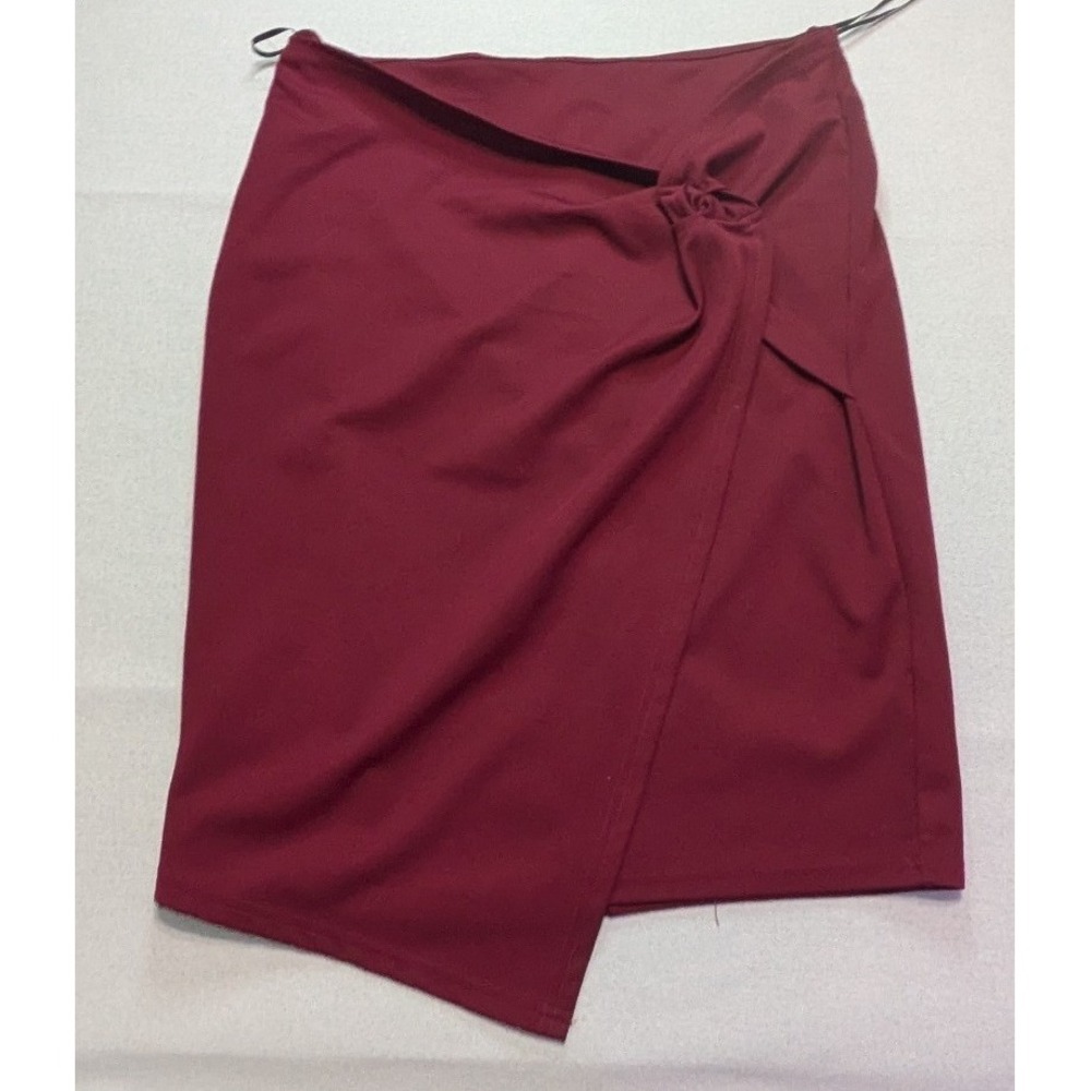 Kate Kasin Pencil Skirt Women XL Burgundy Excellent Wrap Knot Asymmetrical Hem